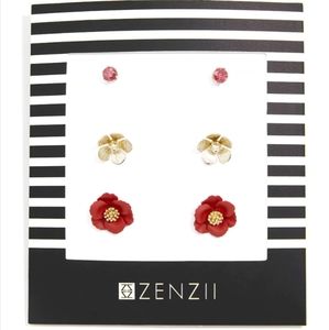 3 Pair Mini Blossoms Red/18K Gold Stud Earrings Gift Set
